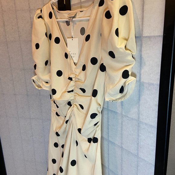 A New Day Crepe Rouched Cinched High Low Dot Dress Cream/Black NWT Short Sleeve - Picture 8 of 11